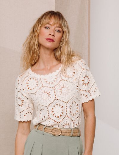 Pull col rond manches courtes dentelle ecru femme