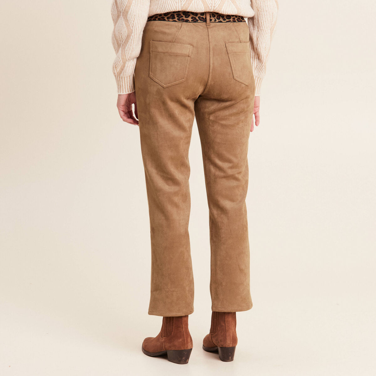 Pantalon droit suédine 7/8ème marron femme