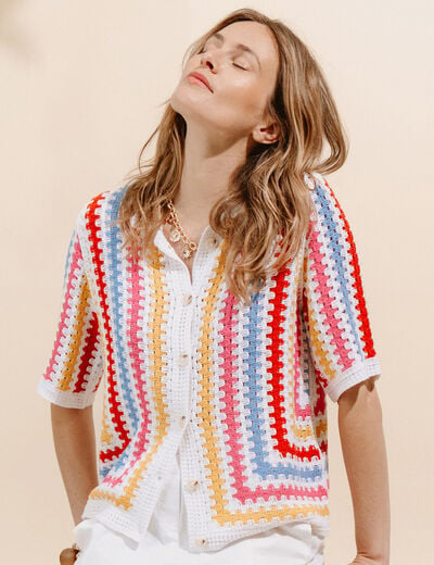 Polo manches courtes aspect macram&eacute; multicolore femme