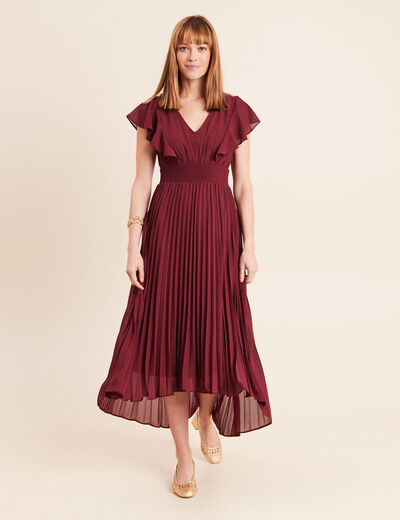 Robe longue &eacute;vas&eacute;e &agrave; volants prune femme
