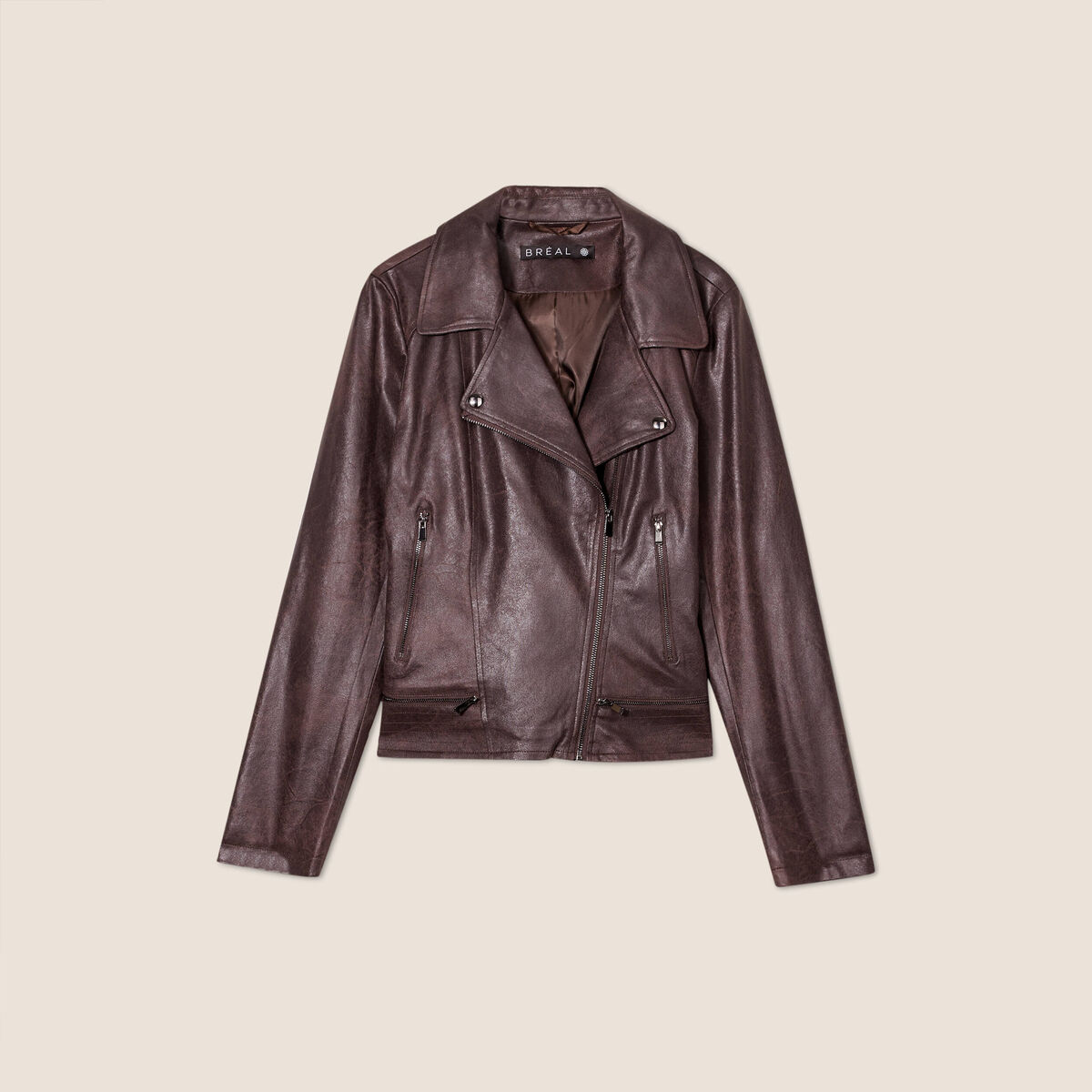 Veste esprit motard zipp&eacute;e marron fonc&eacute; femme