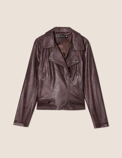 Veste esprit motard zippée marron foncé femme