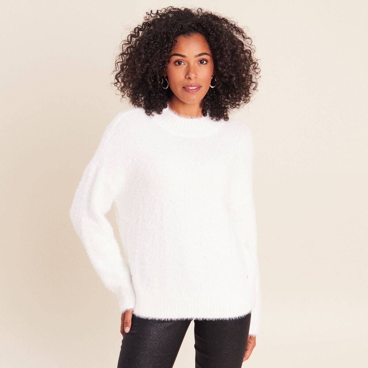 Pull col montant doux ecru femme