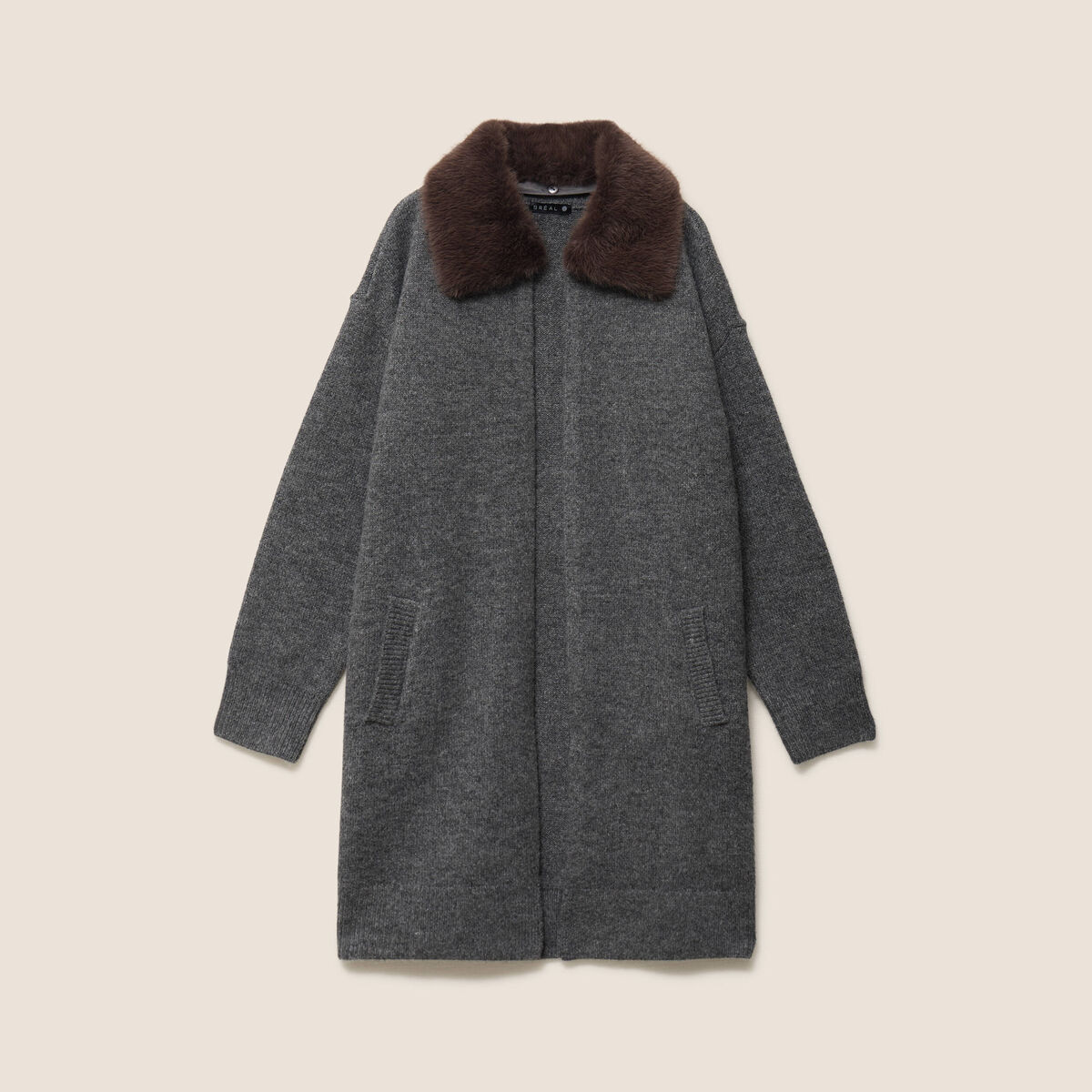 Gilet droit long col chemise gris fonc&eacute; femme