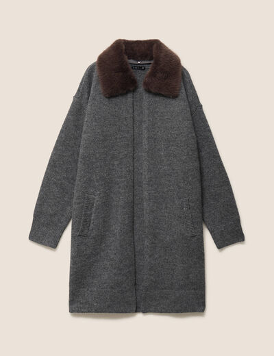 Gilet droit long col chemise gris fonc&eacute; femme