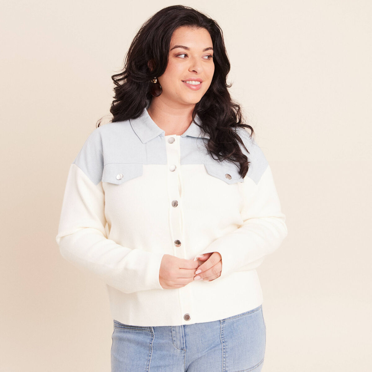 Gilet manches longues col chemise ecru femme