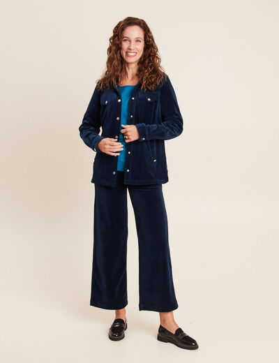 Pantalon large velours bleu marine femme