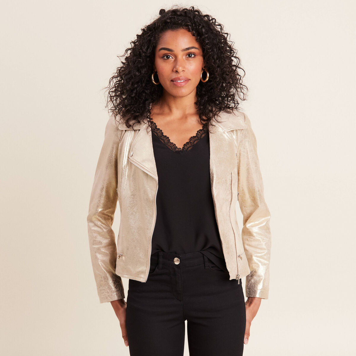Veste esprit motard zipp&eacute;e couleur or femme