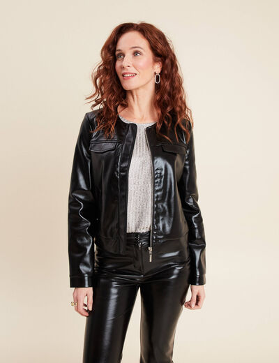 Blouson ajusté simili cuir noir femme