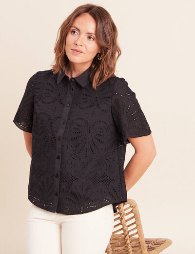 Chemise manches courtes brod&eacute;e noir femme