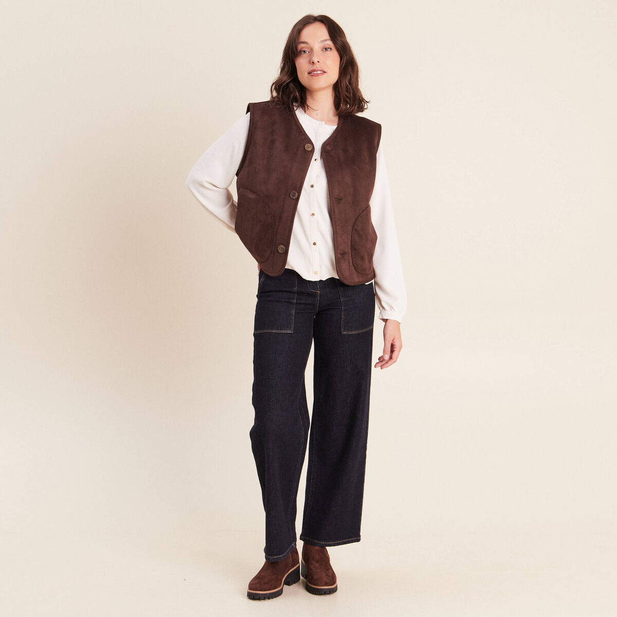 Chemise ample effet boule doubl&eacute;e ivoire femme