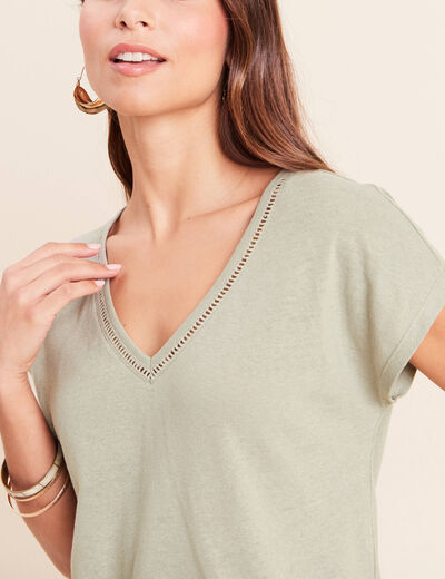 T-shirt col v manches courtes aspect lin vert clair femme
