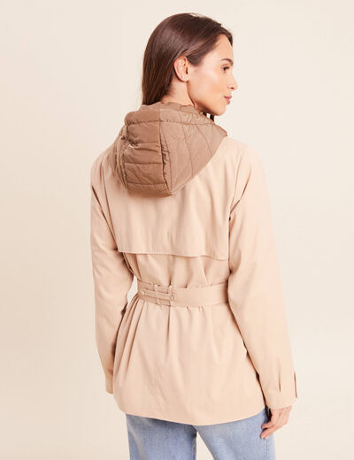 Trench cintr&eacute; court &agrave; capuche doubl&eacute; beige femme