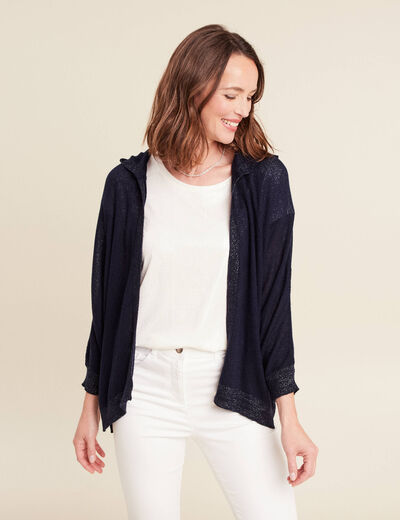 gilet droit mi-long à capuche bleu marine femme