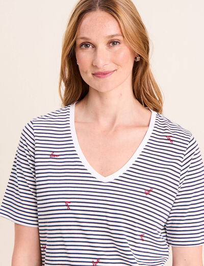 T-shirt droit broderie manches courtes bleu femme