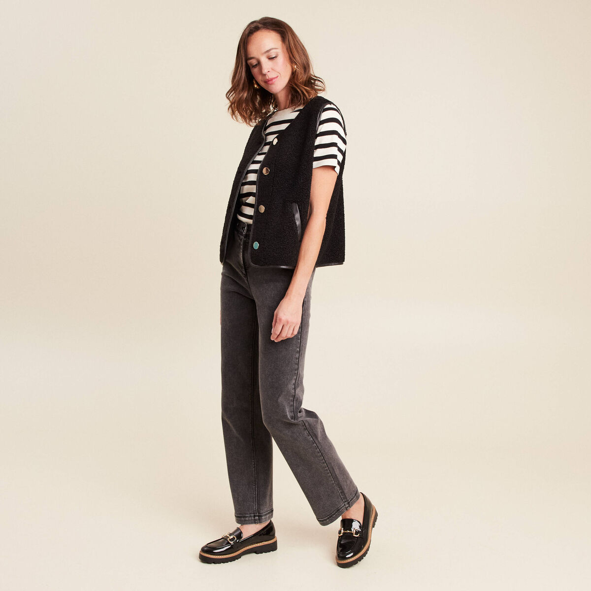 Gilet sans manches sans col noir femme