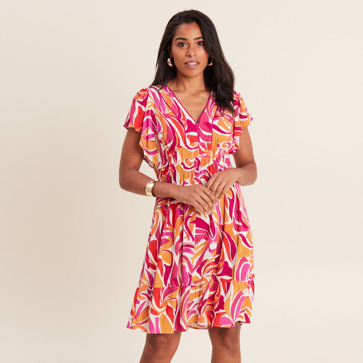 Robe évasée manches courtes orange femme