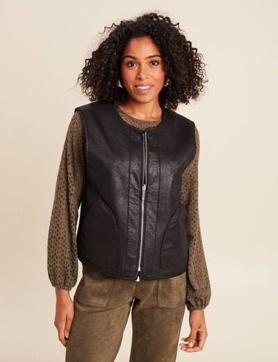 Veste sans manches sans col marron fonc&eacute; noir femme