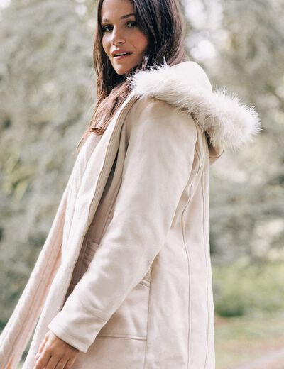Manteau su&eacute;dine &agrave; capuche creme femme