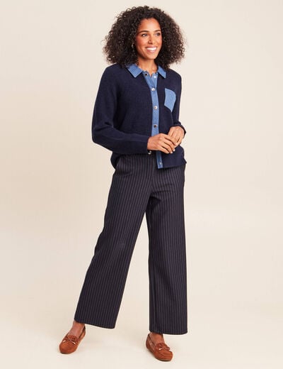 Gilet col chemise manches longues bleu fonc&eacute; femme
