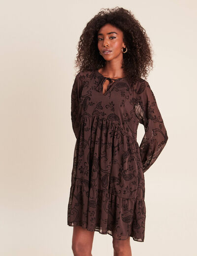 Robe courte &eacute;vas&eacute;e col v manches longues noir femme