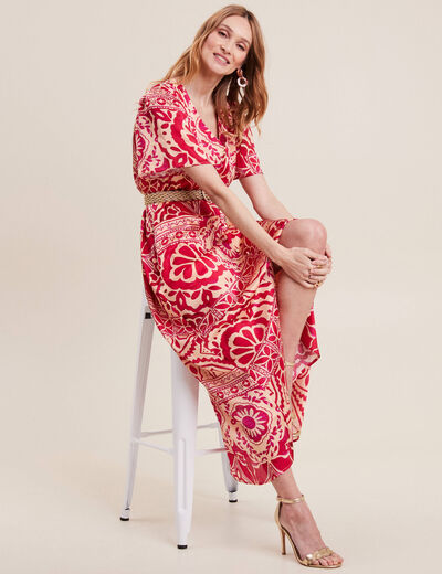 Robe longue évasée satin rose fushia femme