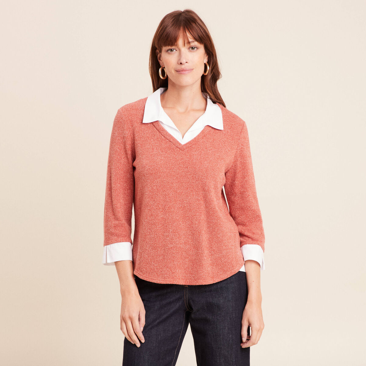 T-shirt col chemise manches 3/4 vieux rose femme
