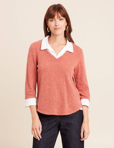 T-shirt col chemise manches 3/4 vieux rose femme