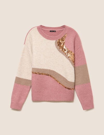 Pull col rond manches longues &agrave; sequins taupe femme