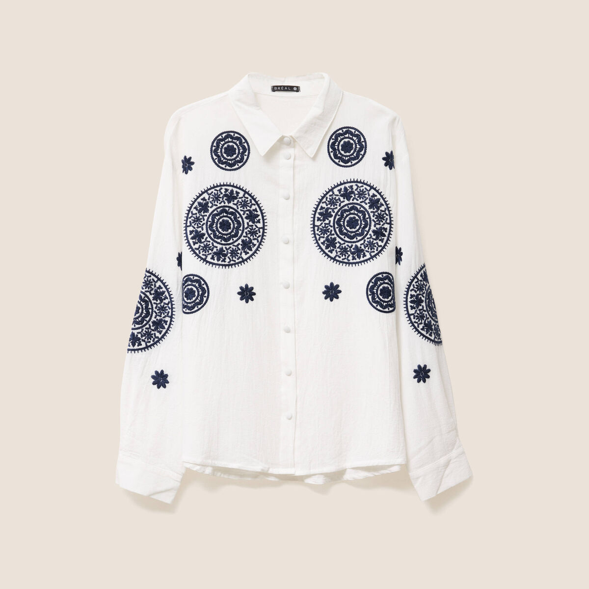 chemise en coton brodée manches longues ecru femme