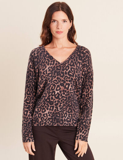 Pull col v marron femme