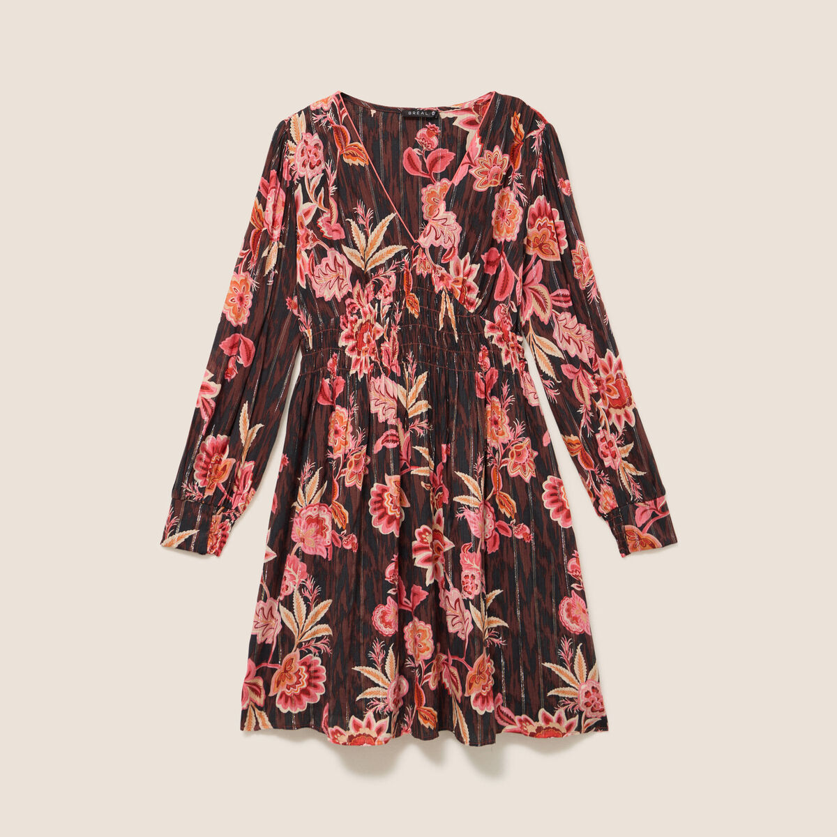 Robe courte &eacute;vas&eacute;e col v manches longues marron femme