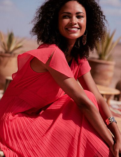 Robe longue évasée plissée rose cerise femme