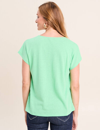 T-shirt col v manches courtes aspect lin vert fluo femme