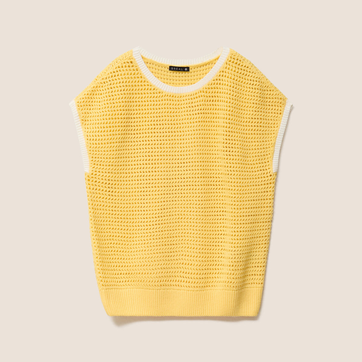 Pull ajour&eacute; sans manches col rond jaune pastel femme