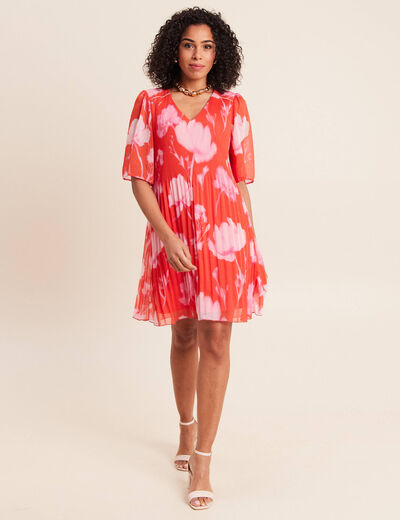 Robe courte &eacute;vas&eacute;e col v manches coudes rouge femme