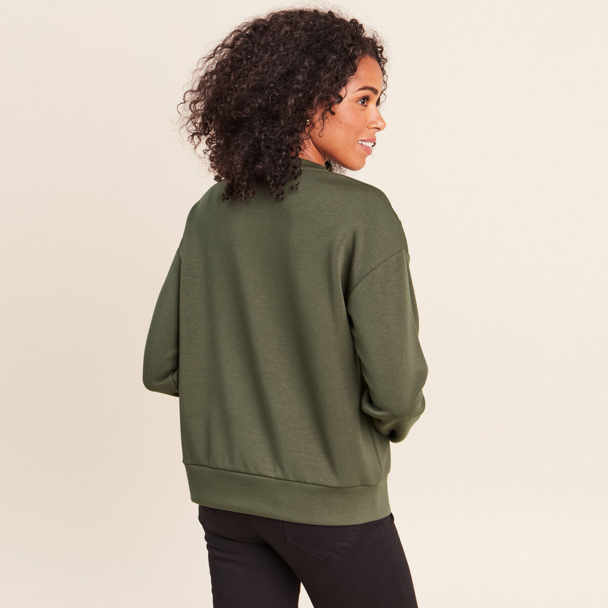Sweat manches longues d&eacute;tail dentelle vert kaki femme