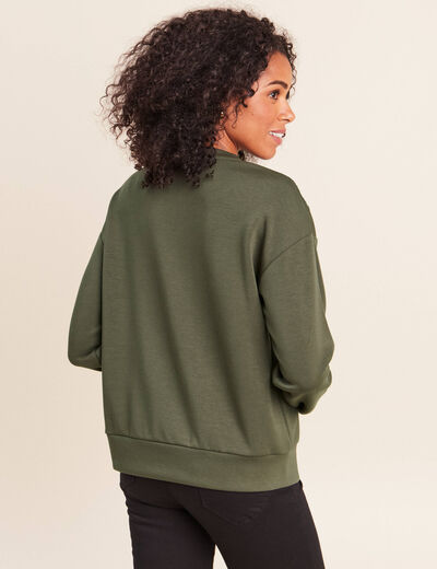 Sweat manches longues d&eacute;tail dentelle vert kaki femme
