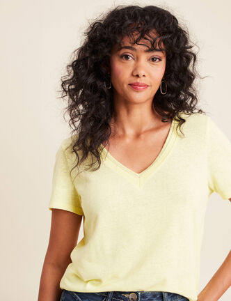 T-shirt manches courtes col en V jaune clair femme