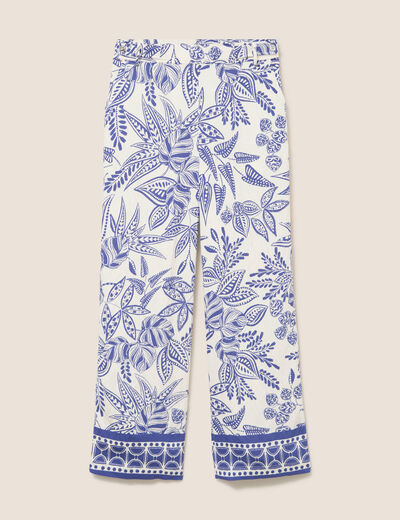 Pantalon large 7/8&egrave;me taille haute bleu femme