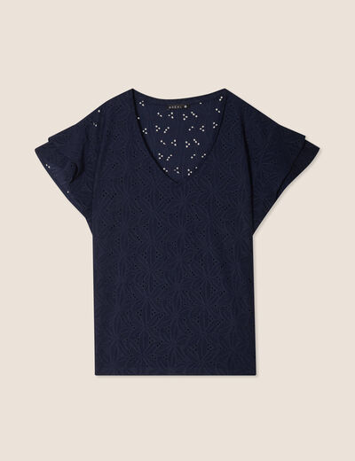 T-shirt droit col V manches courtes bleu fonc&eacute; femme