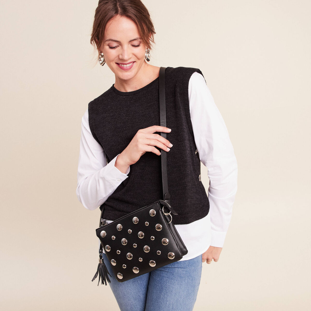 Sac bandouli&egrave;re avec 2 pochettes noir femme