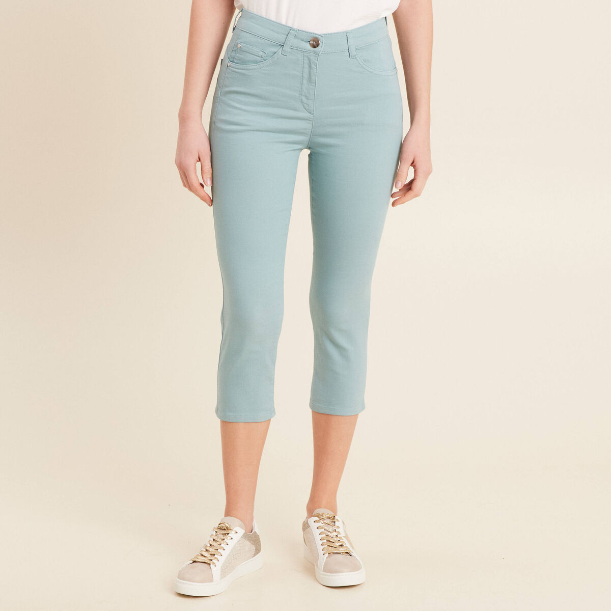 Pantacourt droit taille standard bleu canard femme