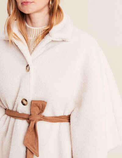 Poncho boutonn&eacute; ceintur&eacute; ecru femme