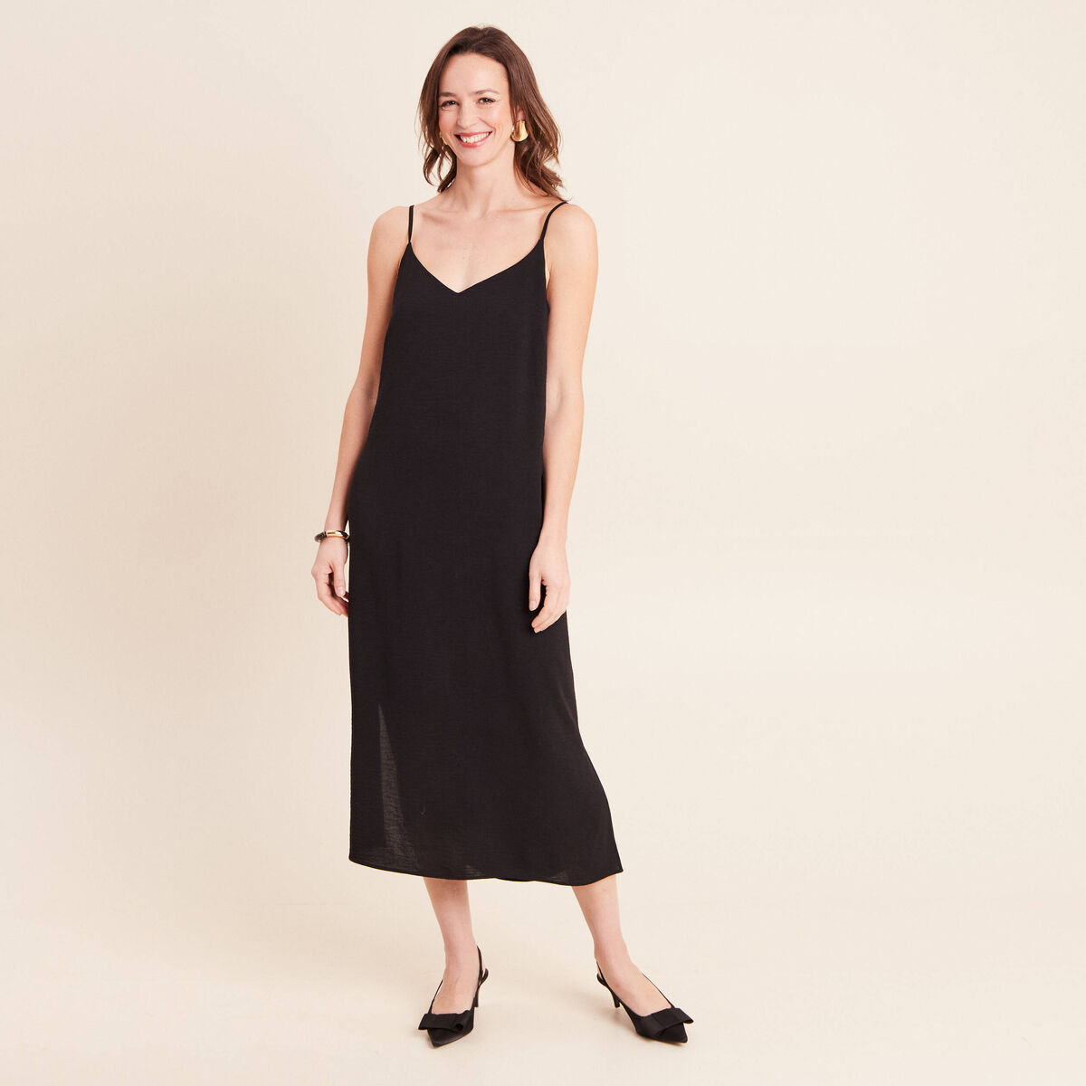 Robe longue &eacute;vas&eacute;e 2 en 1 col rond noir femme