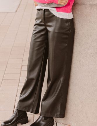Pantalon taille bascul&eacute;e similicuir noir femme