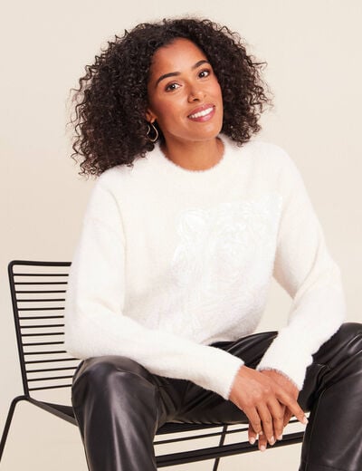Pull col rond ecru femme