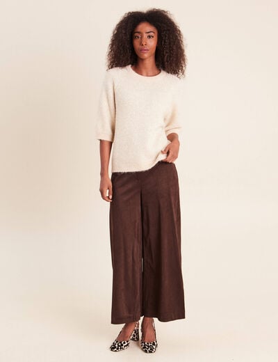 Pantalon large 7/8&egrave;me aspect daim marron fonc&eacute; femme