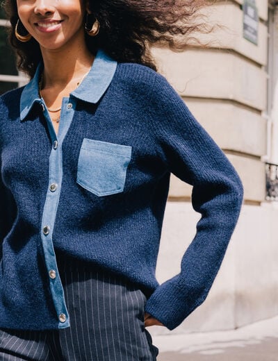 Veste col chemise manches longues bleu fonc&eacute; femme