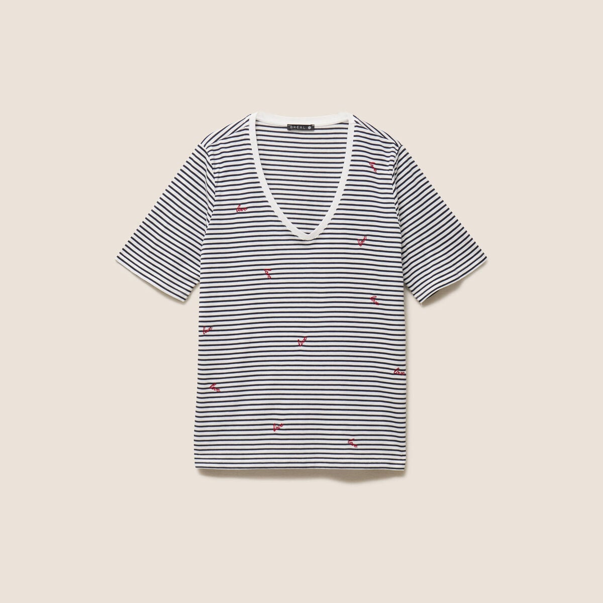 T-shirt droit broderie manches courtes bleu femme